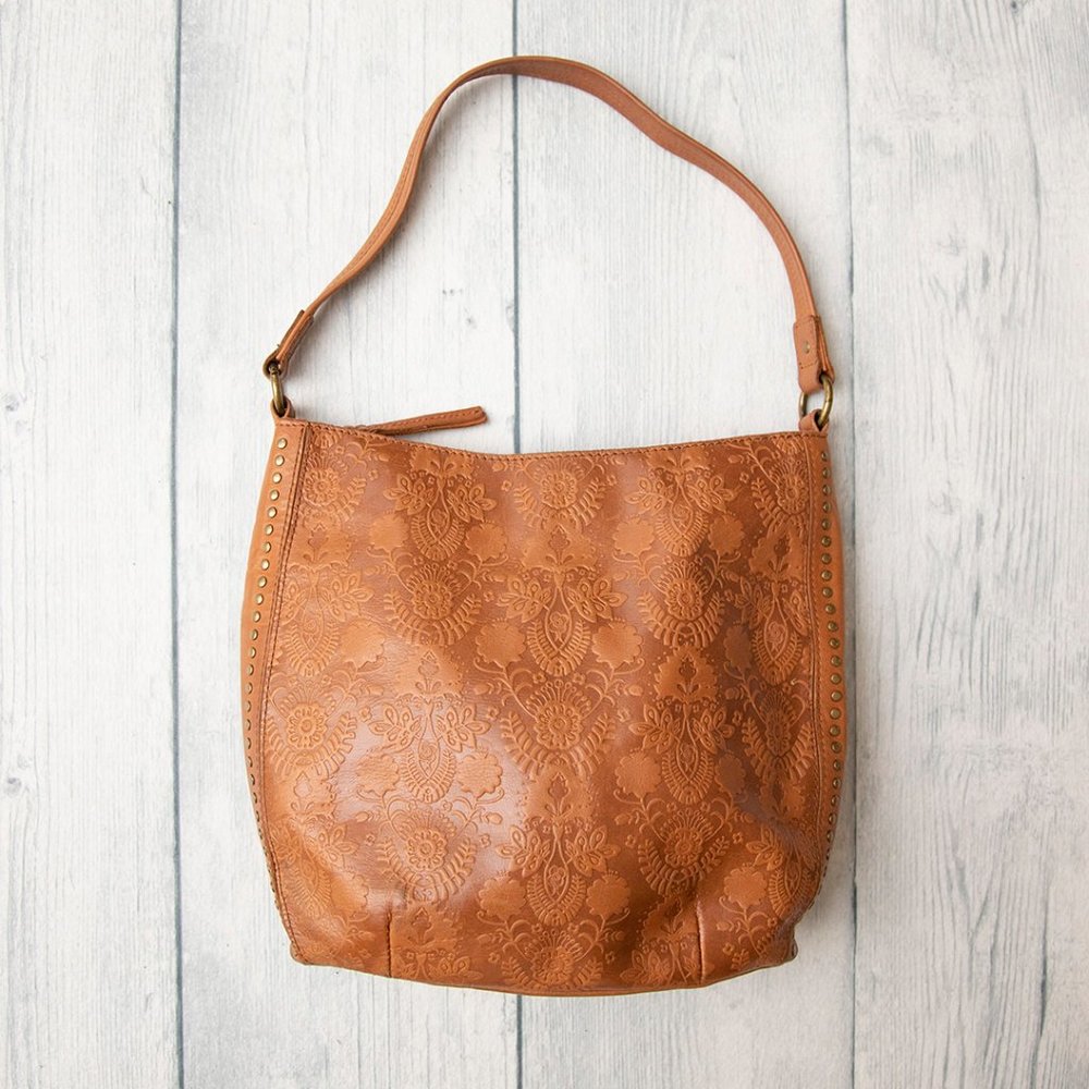 The Sak Brown Leather Floral Embossed Purse Shoulder Bag